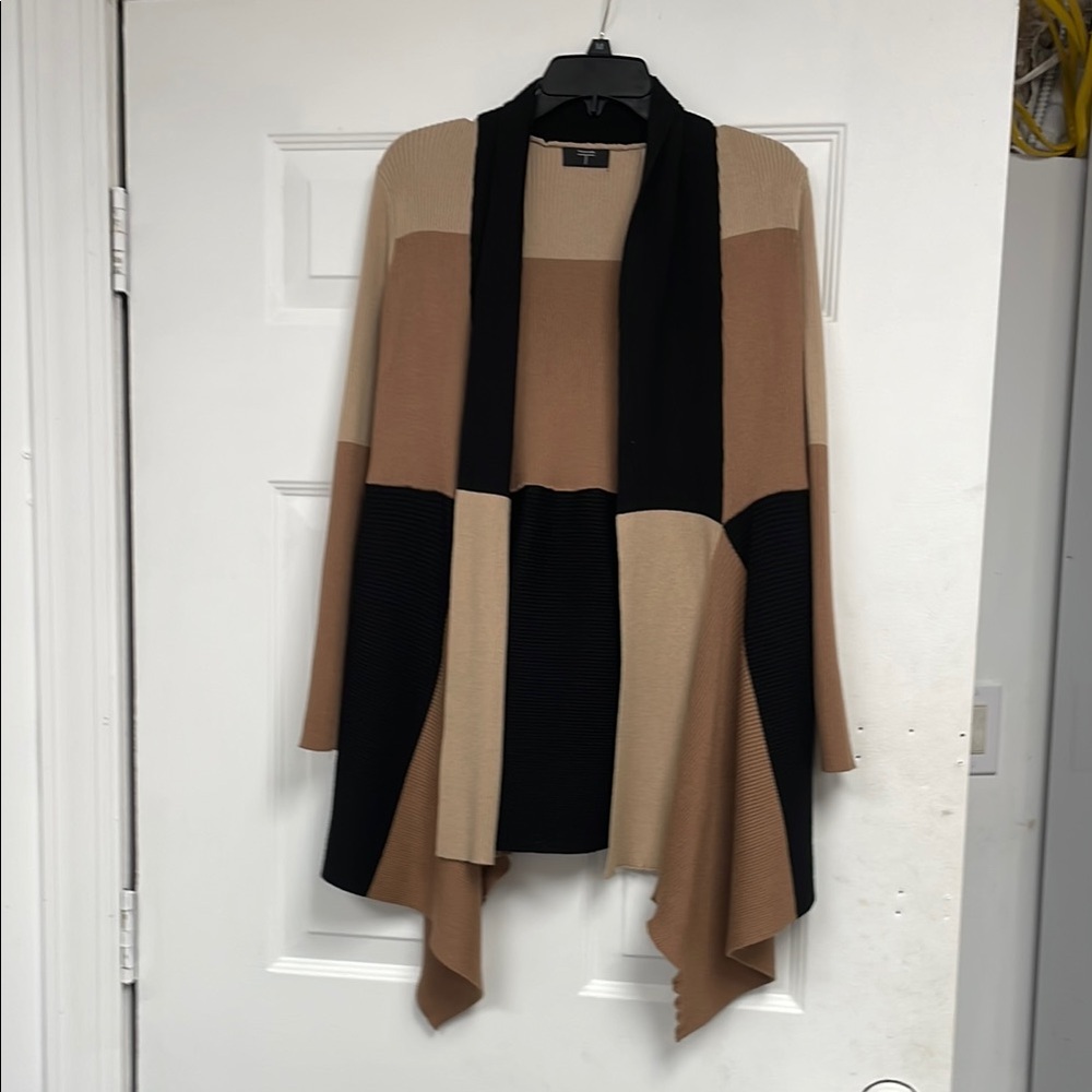 Tahari Black and Tan Shrug Sweater with Geometric Design